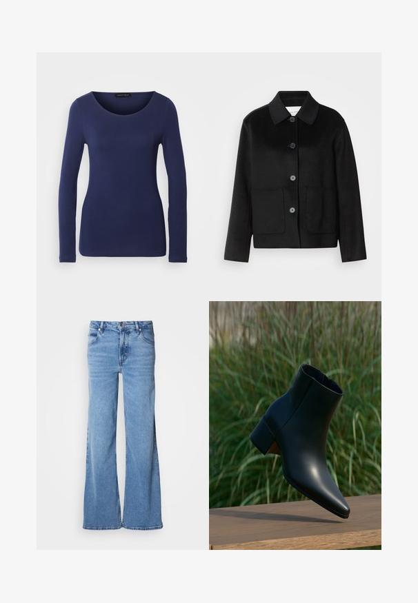 Chaqueta de lana negra con cuello con solapa, cierre de botones y dos bolsillos delanteros. Presenta un diseño estructurado y mangas de corte recto.; Camiseta de manga larga en color navy, hecha de material suave, con un escote redondo y un diseño ajustado. Sin patrones ni acentos visibles.; Vaqueros de pierna ancha azul claro hechos de mezclilla. Presentan un diseño clásico de cinco bolsillos y una bragueta con botones visibles. Textura suave y acabado sin adornos.; Botín negro de cuero con tacón bloque, punta puntiaguda, exhibido sobre superficie de madera con fondo borroso de césped verde.