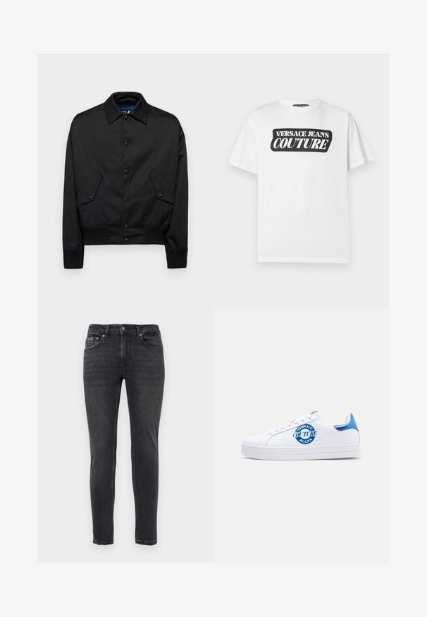 Musta lyhyt takki, joka on valmistettu sileästä kankaasta ja jossa on napitettava etuosuus, terävä kaulus, kaksi kulmaa taskua sekä ribbireunat ja hihansuut.; Valkoinen lyhythihainen t-paita, jossa musta suorakulmainen logo, jossa lukee keskellä rintaa "VERSACE JEANS COUTURE".; Slim-fit mustat farkut, joissa on viisi taskua ja nappi- ja vetoketjusulku, esiteltyinä yksinkertaisen valkoisen taustan edessä.; Valkoinen matala tennari, jossa on sininen kantapää, pyöreä sininen "Versace Jeans Couture" -logo sivulla, valkoiset nauhat ja kohokuvioitu pohjan brändäys.