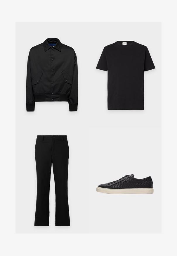 Veste noire courte en tissu lisse avec un devant à boutons, un col pointu, deux poches en biais et un ourlet et des poignets côtelés.; T-shirt en coton noir avec un col rond et des manches courtes. Présente une coupe droite et un design minimal, avec une étiquette visible au niveau du col.; Pantalons évasés noirs en tissu mélangé coton, dotés d'une fermeture à bouton, de passants de ceinture et d'une texture lisse sans motifs visibles.; Baskets basses en cuir tressé noir avec lacets noirs et semelle en caoutchouc blanche, vues de profil droit sur fond gris clair.