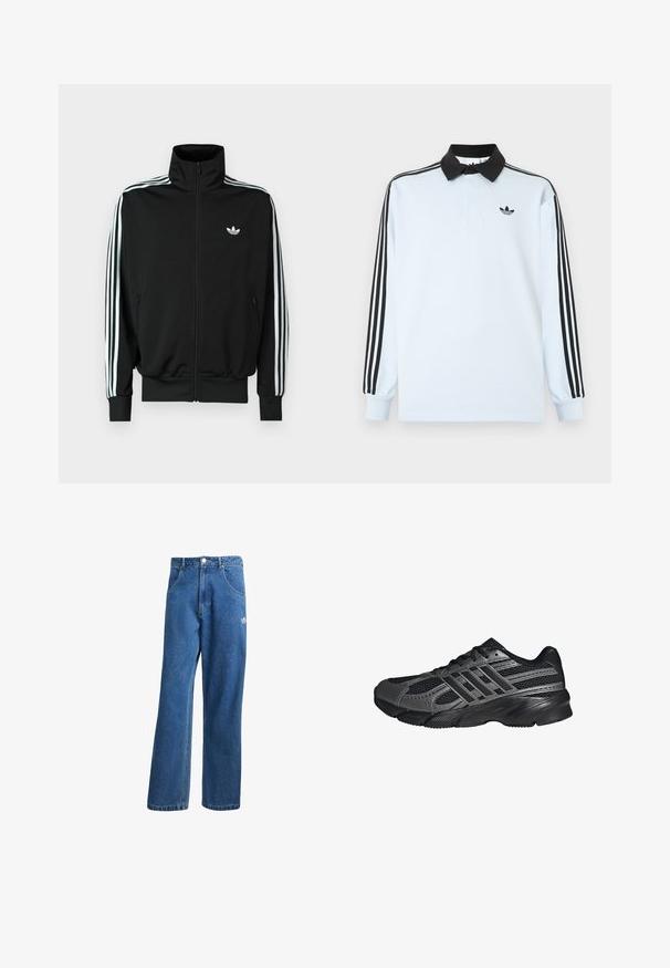 Čierna bunda na zips s vysokým golierom, dlhými rukávmi s tromi bielymi pruhmi a malým logom na hrudi. Hladká textúra látky.; Svetlomodré polo tričko s dlhým rukávom, čiernym golierom, tromi čiernymi pruhmi na rukávoch a malým čiernym logom na hrudi.; Modré riflové nohavice s vysokým pásom a širokým strihom, s prednými vreckami, pútkami na opasok, zapínaním na gombík a malým logom Adidas na pravej stehne.; Čierne športové topánky vyrobené z pletiva a syntetických materiálov, s textúrovaným povrchom, viacerými šedými pruhmi a polstrovaným golierom.