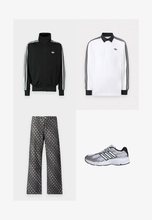 Veste noire à fermeture éclair avec un col montant, des manches longues ornées de trois bandes blanches, et un petit logo sur la poitrine. Texture du tissu lisse.; Polo blanc à manches longues avec col noir, poignets noirs, motif trois bandes noires sur les manches et logo Adidas noir sur la poitrine.; Pantalon à jambes larges en noir et gris avec un motif texturé de feuilles. Comprend un design classique à cinq poches et une fermeture par bouton en métal.; Chaussure de sport en maille blanche et argentée, avec des accents noirs, logo à trois rayures blanches, col rembourré et semelle en caoutchouc texturé.