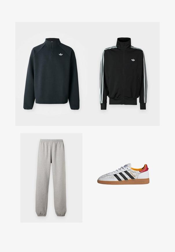 Zwarte jas met ritssluiting, hoge kraag, lange mouwen met drie witte strepen en een klein logo op de borst. Gladde stoftextuur.; Zwarte kwart-zip sweatshirt gemaakt van zachte stof, met raglanmouwen en een wit logo op de borst. De manchet is elastisch.; Lichtgrijze joggingbroek met elastische tailleband en boorden, rechte pijpen, gemaakt van zachte stof.; Witte Adidas Spezial sneaker met zwarte strepen, gumzool, doorgestikt patroon, rood hielstuk en gele voering, zijaanzicht.