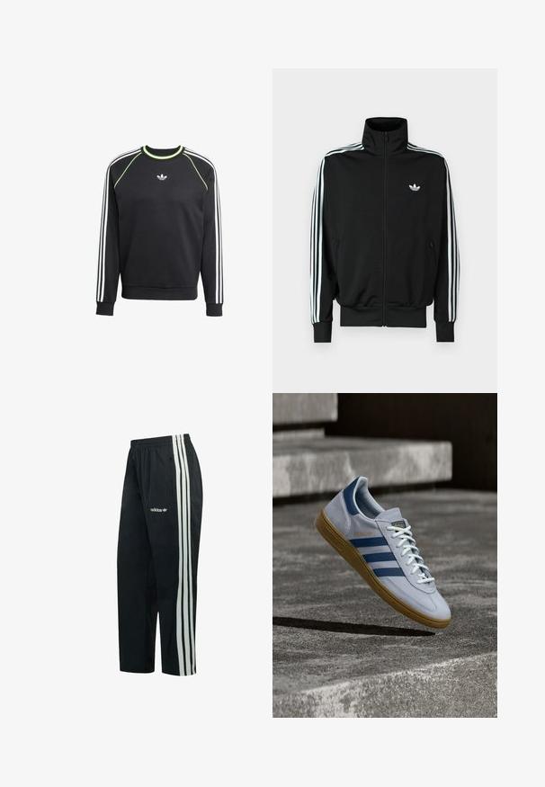 Schwarze Jacke mit Reißverschluss, hohem Kragen, langen Ärmeln mit drei weißen Streifen und einem kleinen Logo auf der Brust. Glatte Stoffstruktur.; Schwarzer Sweatshirt mit weißem Dreistreifen-Design an den Ärmeln und limettengrünen Akzenten. Verfügt über einen Rundhalsausschnitt und ein kleines Logo auf der Brust.; Schwarze Adidas-Trainingshose mit drei weißen Streifen an den Seiten und einer Reißverschlusstasche am rechten Oberschenkel.; Hellblauer Adidas Spezial Sneaker mit dunkelblauen Streifen und Gummisohle, in der Luft über Betontreppen in neutralem Außenbereich gezeigt.
