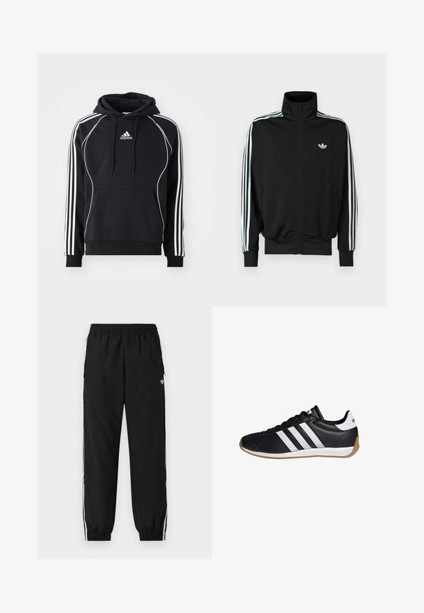 Veste noire à fermeture éclair avec un col montant, des manches longues ornées de trois bandes blanches, et un petit logo sur la poitrine. Texture du tissu lisse.; Haut à capuche noir Adidas avec des rayures blanches sur les manches, un passepoil blanc sur le devant, une poche kangourou à l'avant et un cordon de serrage pour la capuche.; Pantalon de sport noir avec une ceinture élastique et des poignets froncés. Comprend des bandes blanches sur les côtés et un petit logo sur le devant à gauche.; Baskets basses noires avec trois bandes blanches, lacets noirs, languette blanche au talon et semelle couleur gomme, vues de côté.