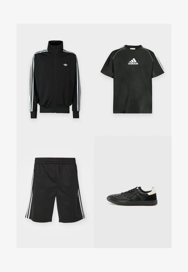 Zwarte jas met ritssluiting, hoge kraag, lange mouwen met drie witte strepen en een klein logo op de borst. Gladde stoftextuur.; Zwart T-shirt met korte mouwen en een wit Adidas-logo op de borst en witte strepen op de schouders. Gemaakt van gladde stof, met een ontspannen pasvorm.; Zwarte sportieve shorts met een elastische tailleband, voorzien van witte zijstrepen en een gladde stofstructuur. Geen extra versieringen.; ALDO THEPITCH - Sneakers laag - black