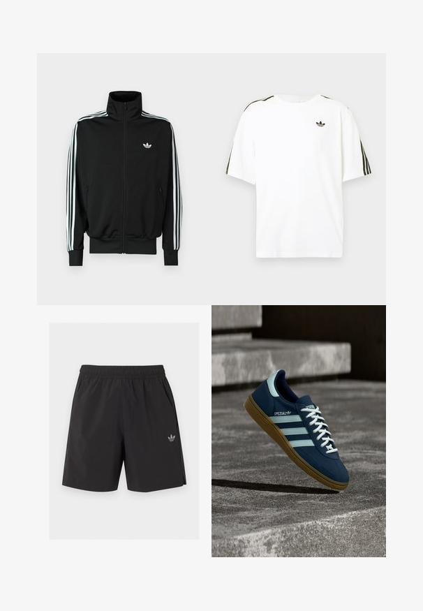 Veste noire à fermeture éclair avec un col montant, des manches longues ornées de trois bandes blanches, et un petit logo sur la poitrine. Texture du tissu lisse.; T-shirt en coton blanc à manches courtes, avec des accents noirs à trois rayures sur les épaules et un petit logo noir sur la poitrine.; Short de sport noir à taille élastique avec poches latérales et petit logo Adidas sur la jambe gauche.; Baskets Adidas Spezial bleues avec des rayures et des lacets blancs, semelle en gomme, flottant au-dessus d'une surface en béton rugueuse et des marches en arrière-plan.