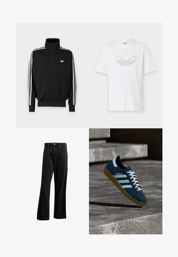 Zwarte jas met ritssluiting, hoge kraag, lange mouwen met drie witte strepen en een klein logo op de borst. Gladde stoftextuur.; Witte katoen T-shirt met een gestippeld zwart omtreklijn van een trefoil-logo aan de voorkant. Korte mouwen en een ronde hals.; Zwarte denim jeans met een recht gesneden ontwerp, voorzien van voorzakken, een knoopsluiting en een lichte textuur. Inclusief een subtiele logo-detail.; Blauwe Adidas Spezial sneaker met witte strepen en veters, gumzool, zwevend boven een ruwe betonnen oppervlakte en trappen op de achtergrond.