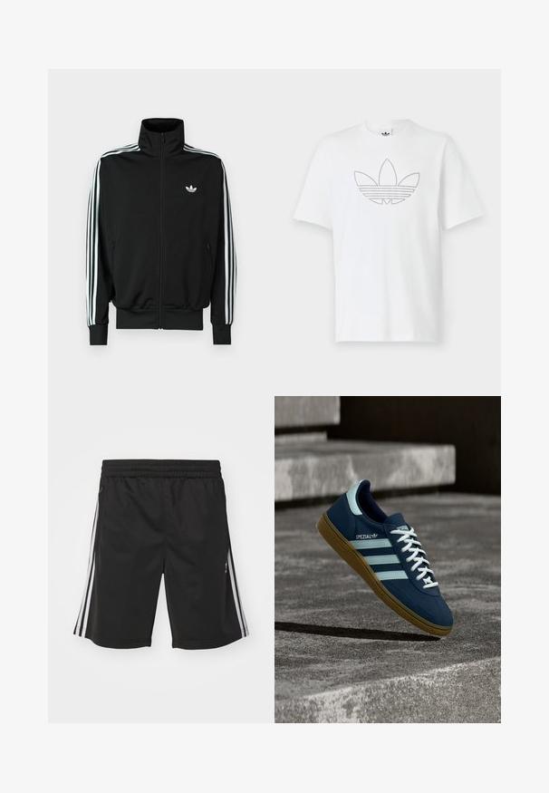 Sort lynlåstrøje med høj krave, lange ærmer med tre hvide striber og et lille logo på brystet. Glat stoftekstur.; Hvid bomulds-T-shirt med en prikket sort kontur af et trefoil-logo på fronten. Korte ærmer og rund halsudskæring.; Sorte sportsshorts med elastisk talje, med hvide sidestriber og en glat stofstruktur. Ingen yderligere dekorationer.; Blå Adidas Spezial sneaker med hvide striber og snørebånd, gummisål, svævende over en ru betongoverflade og trin i baggrunden.
