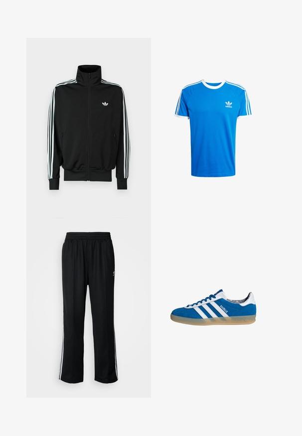 Schwarze Jacke mit Reißverschluss, hohem Kragen, langen Ärmeln mit drei weißen Streifen und einem kleinen Logo auf der Brust. Glatte Stoffstruktur.; Blaues Baumwoll-T-Shirt mit weißem geripptem Rundhalsausschnitt und ärmelsäumen. Verfügt über drei klassische weiße Streifen entlang der Schultern; kleines Logo auf der Brust.; Schwarze Sporthosen mit elastischem Bund, ausgestattet mit weißen Seitenstreifen und einem kleinen Logo. Das Material wirkt weich und leicht.; Blauer und weißer Adidas Gazelle Sneaker mit Gummisohle und drei weißen Streifen, aus der Seitenansicht auf weißem Hintergrund.