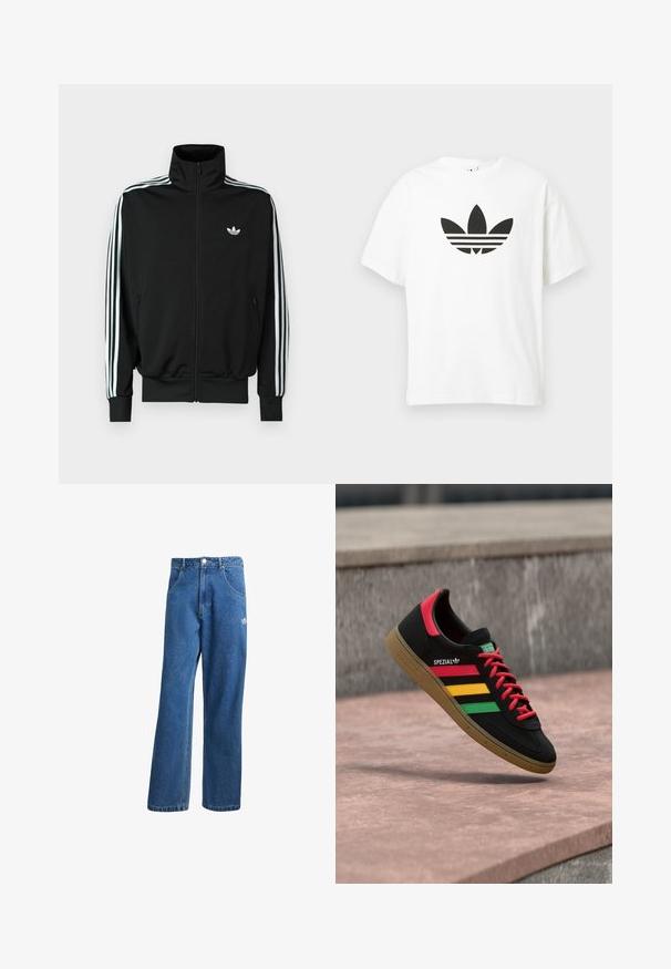 Sort lynlåstrøje med høj krave, lange ærmer med tre hvide striber og et lille logo på brystet. Glat stoftekstur.; Hvid bomulds t-shirt med et stort sort Adidas trefoil-logo og tre vandrette striber nedenunder. Korte ærmer, rund halsudskæring.; Blå højtaljede viddebukser i denim med forlommer, bælteløkker, knaplukning og lille Adidas-logo på højre lår.; Sort Adidas Spezial-sneaker med røde, gule og grønne striber, røde snørebånd, gummisål og rødt hældetalje, vist svævende over fortovet.