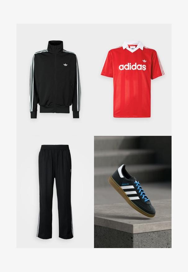 Schwarze Jacke mit Reißverschluss, hohem Kragen, langen Ärmeln mit drei weißen Streifen und einem kleinen Logo auf der Brust. Glatte Stoffstruktur.; Rotes Adidas-Sporttrikot mit weißem Kragen, drei weißen Streifen an den Ärmeln und Adidas-Logo mittig auf der Brust.; Schwarze Sporthosen mit elastischem Bund, ausgestattet mit weißen Seitenstreifen und einem kleinen Logo. Das Material wirkt weich und leicht.; Schwarzer Adidas-Sneaker mit weißen Streifen, blauen Schnürsenkeln und Gummisohle, der über einer grauen Betontreppe im weichen Licht schwebt.