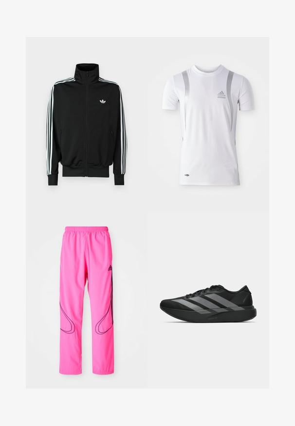 Zwarte jas met ritssluiting, hoge kraag, lange mouwen met drie witte strepen en een klein logo op de borst. Gladde stoftextuur.; Wit sportshirt met korte mouwen en zilveren accenten, met een ronde hals en een Adidas-logo op de borst. Gemaakt van vochtafvoerend materiaal.; Roze sportbroek met een elastische tailleband, zijzakken en contrasterende zwarte gebogen patronen met een Adidas-logo.; Zwarte sportieve schoenen met een lichtgewicht ontwerp, voorzien van drie opvallende grijze strepen, een gladde textuur en een gevormde zool.