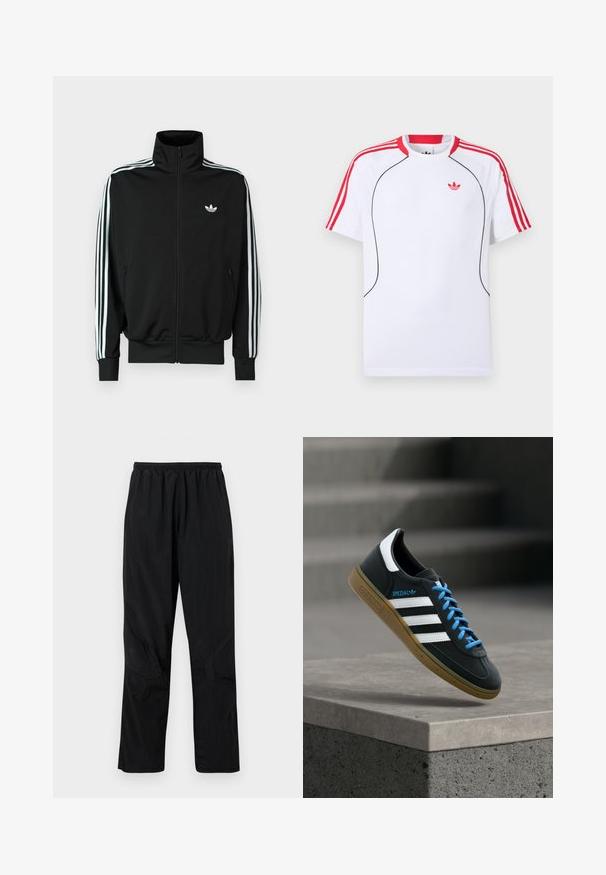 Must zip-up jope kõrge krae, pikad varrukad, millel on kolm valget triipu, ning väike logo rinnal. Sile kangapind.; Valge lühikeste varrukatega spordisärk punaste triipudega õlgadel ja varrukatel, musta ääristusega ees ning punase Adidas trefoiliga rinnal.; Mustad mustan värvi nailonist püksid elastse vööga, kergesti hingav tekstuur ja õmbluse detailid, mis loovad kaasaegse disaini.; Must Adidas toss valgete triibu, siniste paelte ja kummist tallaga, hõljuv pehme valgusega halli betoonastme kohal.