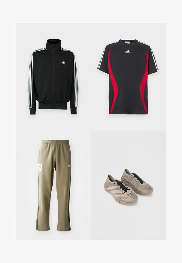 Must zip-up jope kõrge krae, pikad varrukad, millel on kolm valget triipu, ning väike logo rinnal. Sile kangapind.; Must lühikeste varrukatega T-särk, millel on punased küljesegmendid, valge Adidas logo rinnal ning valged triibud õlgadel. Valmistatud siledast kangast.; Oliivrohelised treeningpüksid elastse vöökoht käega, küljetaskud, mustad küljeribad ja logo asi reiel.; Beezhii spordijalatsite paar mustade paeltega, millel on tekstuuriga triibuline muster ja kolm külgmist triipu ühtlasel taustal.