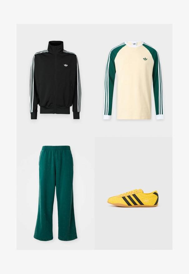 Čierna bunda na zips s vysokým golierom, dlhými rukávmi s tromi bielymi pruhmi a malým logom na hrudi. Hladká textúra látky.; Béžová košeľa s dlhým rukávom s tmavozelenými raglánovými rukávmi, bielymi manžetami, bielymi pruhmi na rukávoch a malým zeleným logom Adidas na hrudi.; Zelené široké teplákové nohavice s mäkkou textúrou, s elastickým pásom a bočnými vreckami. Odolný materiál s voľným strihom.; Žltá športová obuv s textúrovaným zvrškom, s čiernymi pruhmi a logom. Zaoblená špička, mäkká podrážka a vzor v tvare cik-cak na materiáli.