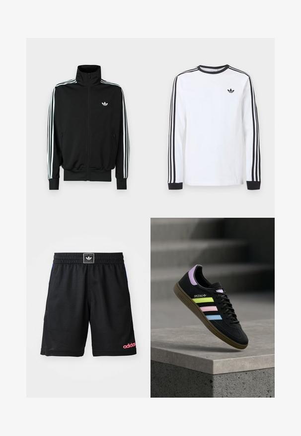 Chaqueta negra con cremallera, cuello alto, mangas largas con tres rayas blancas y un pequeño logo en el pecho. Textura de tela suave.; Camiseta blanca de manga larga de Adidas con cuello redondo negro, puños negros, tres rayas negras a lo largo de las mangas y logo negro de trébol en el pecho.; Pantalones cortos deportivos negros hechos de una tela texturizada y transpirable. Cuenta con una cintura elástica y un logo "adidas" en rosa en el lado inferior derecho.; Zapatilla Adidas Spezial negra con rayas en amarillo pastel, rosa y azul, lengüeta trasera lavanda y suela marrón, flotando sobre un bordillo de cemento.