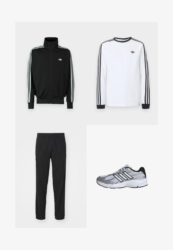 Čierna bunda na zips s vysokým golierom, dlhými rukávmi s tromi bielymi pruhmi a malým logom na hrudi. Hladká textúra látky.; Biele tričko Adidas s dlhým rukávom, čiernym okrúhlym výstrihom, čiernymi manžetami, tromi čiernymi pruhmi na rukávoch a čiernym logom trefoil na hrudi.; Čierne ľahké joggingové nohavice s elastickým pásom, zúženými nohavicami, zberanými manžetami a bočnými vreckami pre väčšiu funkčnosť.; Mriežkovaná športová obuv v bielej a striebornej farbe, s čiernymi detailmi, logom troch bielych pruhov, polstrovaným golierom a textúrovanou gumovou podrážkou.