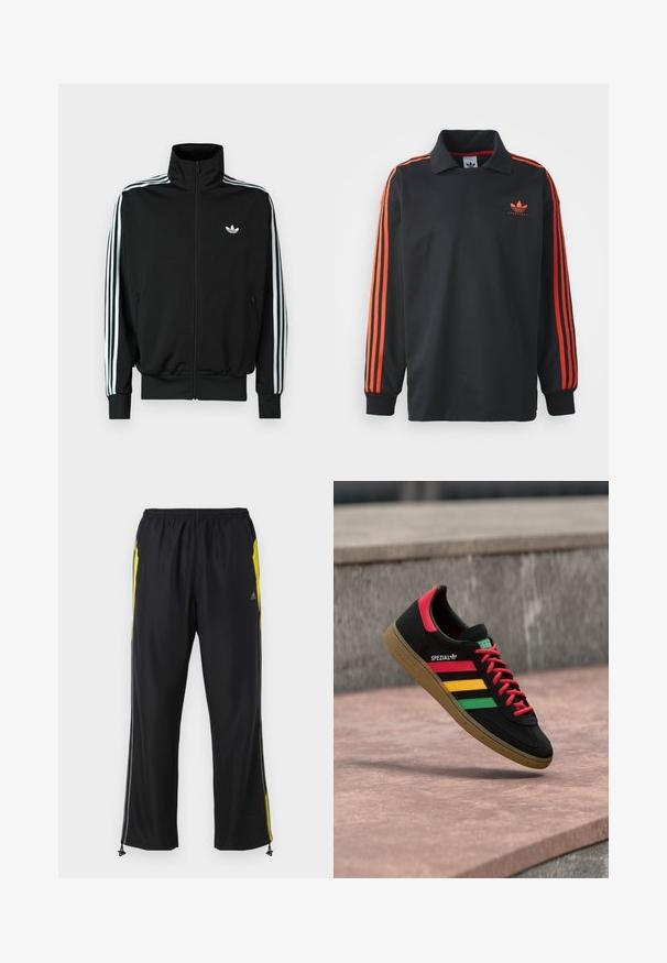 Sort lynlåstrøje med høj krave, lange ærmer med tre hvide striber og et lille logo på brystet. Glat stoftekstur.; Sort langærmet polo med krave, prydet med røde striber på ærmerne og et lille rødt logo på brystet. Glat stofstruktur.; Sorte træningsbukser med gule sideaccenter, elastisk talje og lynlåslommer på siden. Fremstillet af let og glat stof.; Sort Adidas Spezial-sneaker med røde, gule og grønne striber, røde snørebånd, gummisål og rødt hældetalje, vist svævende over fortovet.