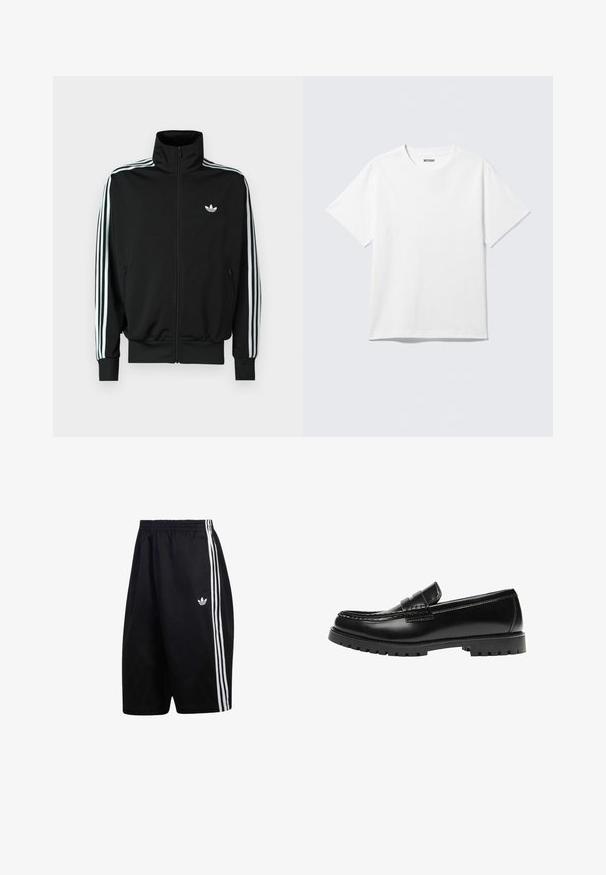 Sort lynlåstrøje med høj krave, lange ærmer med tre hvide striber og et lille logo på brystet. Glat stoftekstur.; Hvid kortærmet crewneck T-shirt lagt fladt ud, ensfarvet design, med "WEEKDAY" mærkat inde i kraven på en lys baggrund.; Sorte atletikshorts med elastisk talje, tre hvide sidelommer og lille hvid Adidas-logo på venstre ben.; Sort læderloafer med en kraftig gummisål og klassiske penny-strap detaljer, vist fra ydersiden.
