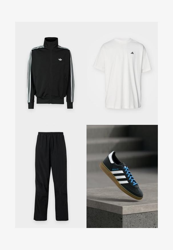 Chaqueta negra con cremallera, cuello alto, mangas largas con tres rayas blancas y un pequeño logo en el pecho. Textura de tela suave.; Camiseta de algodón blanca con mangas cortas, cuello redondo y un pequeño logo negro de Adidas en el lado izquierdo del pecho. Textura suave, ajuste casual.; Pantalones de nylon negros con una cinturilla elástica, que presentan un acabado ligero y texturizado y acentos en las costuras para un diseño moderno.; Zapatilla negra Adidas con franjas blancas, cordones azules y suela de goma flotando sobre un escalón de hormigón gris con luz suave.