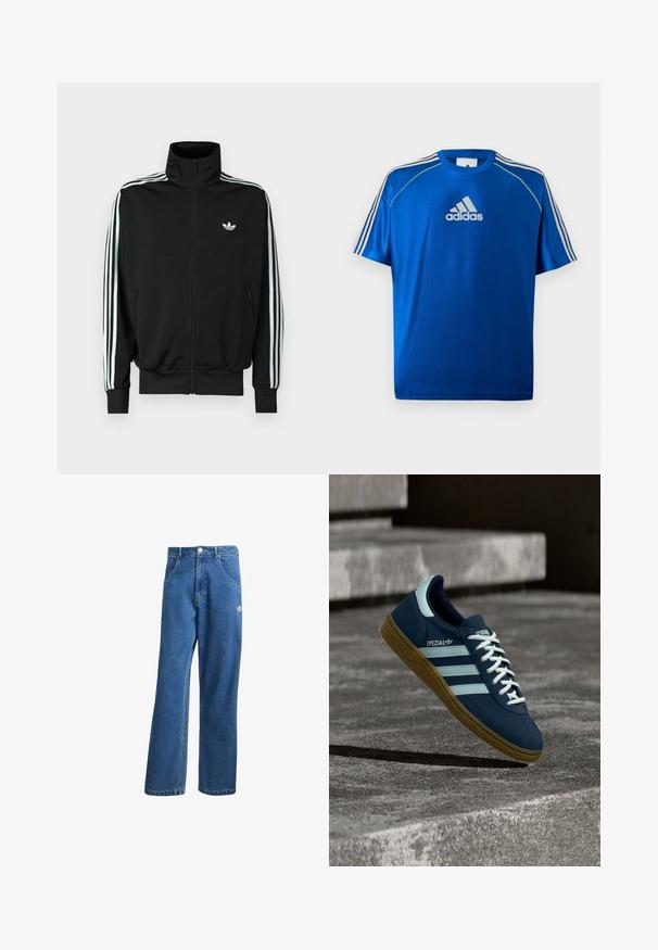 Schwarze Jacke mit Reißverschluss, hohem Kragen, langen Ärmeln mit drei weißen Streifen und einem kleinen Logo auf der Brust. Glatte Stoffstruktur.; Blaues Adidas Sport-T-Shirt mit weißem Logo auf der Brust, weißen Streifen auf den Schultern und neon-gelber Paspelierung an den Schulternähten.; Blaue hohe, weite Jeans mit Fronttaschen, Gürtelschlaufen, Knopfverschluss und kleinem Adidas-Logo am rechten Oberschenkel.; Blauer Adidas Spezial Sneaker mit weißen Streifen und Schnürsenkeln, Gummisohle, schwebend über rauer Betonoberfläche und Treppen im Hintergrund.