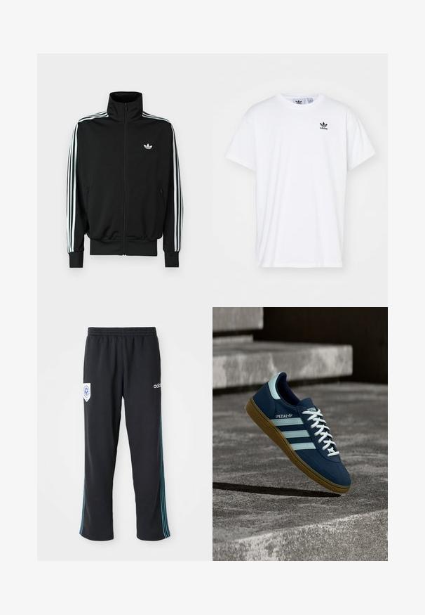 Čierna bunda na zips s vysokým golierom, dlhými rukávmi s tromi bielymi pruhmi a malým logom na hrudi. Hladká textúra látky.; Biela bavlnená tričko s krátkymi rukávmi, okrúhlym výstrihom a čiernym logom Adidas s tromi pruhmi na ľavej hrudi.; Čierne polyesterové športové nohavice s elastickým pásom, s modro pruhovaným detailom po boku a logom na ľavom prednom boku.; Modré tenisky Adidas Spezial s bielymi pruhmi a šnúrkami, gumovou podrážkou, plávajúce nad drsným betónovým povrchom a schodmi v pozadí.