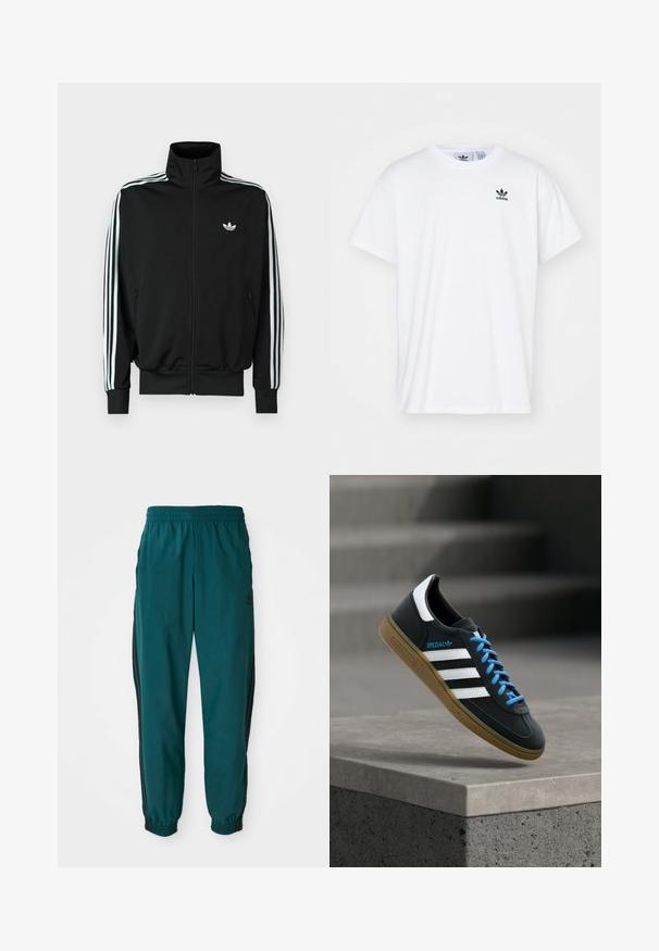Chaqueta negra con cremallera, cuello alto, mangas largas con tres rayas blancas y un pequeño logo en el pecho. Textura de tela suave.; Camiseta blanca de algodón con mangas cortas, escote redondo y un logo negro de Adidas con tres franjas en la zona del lado izquierdo del pecho.; Pantalones deportivos en color verde azulado con cintura ajustable por cordón, puños elásticos y rayas negras en los lados. Fabricados con un tejido ligero, presentan un logo cerca de la cadera.; Zapatilla negra Adidas con franjas blancas, cordones azules y suela de goma flotando sobre un escalón de hormigón gris con luz suave.