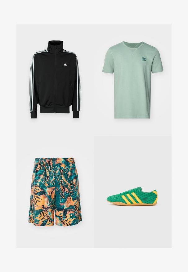 Chaqueta negra con cremallera, cuello alto, mangas largas con tres rayas blancas y un pequeño logo en el pecho. Textura de tela suave.; Camiseta de manga corta color menta con un patrón texturizado, cuello redondo y logo de adidas en verde oscuro en el lado izquierdo del pecho.; Bañador con un patrón de hojas de jungla en naranja, verde azulado y negro, fabricado en tejido liviano y con una cinturilla elástica para mayor comodidad.; Zapatillas deportivas de tela verde con detalles amarillos y tres franjas, con un patrón en zigzag y suela de goma color caramelo.