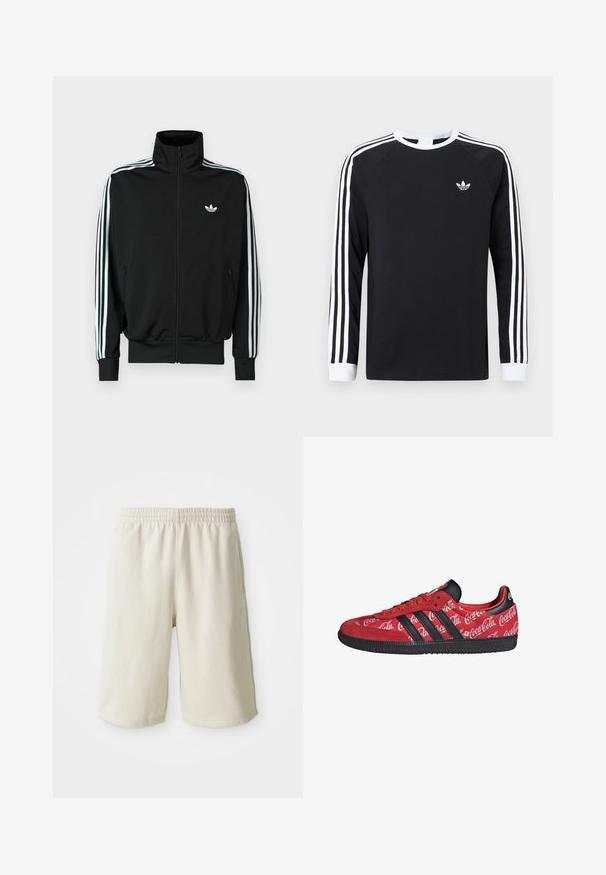 Zwarte jas met ritssluiting, hoge kraag, lange mouwen met drie witte strepen en een klein logo op de borst. Gladde stoftextuur.; Zwart T-shirt met lange mouwen en een wit drie-strepen ontwerp op de mouwen. Voorzien van een ronde hals en een klein wit logo op de borst.; Licht beige sportshorts met een elastische tailleband, een gladde textuur en een subtiele logo-detail aan de onderkant links. Geen zakken.; Rode Adidas sneaker met zwarte strepen en zool, met witte Coca-Cola-logo's over het hele stoffen bovenwerk.