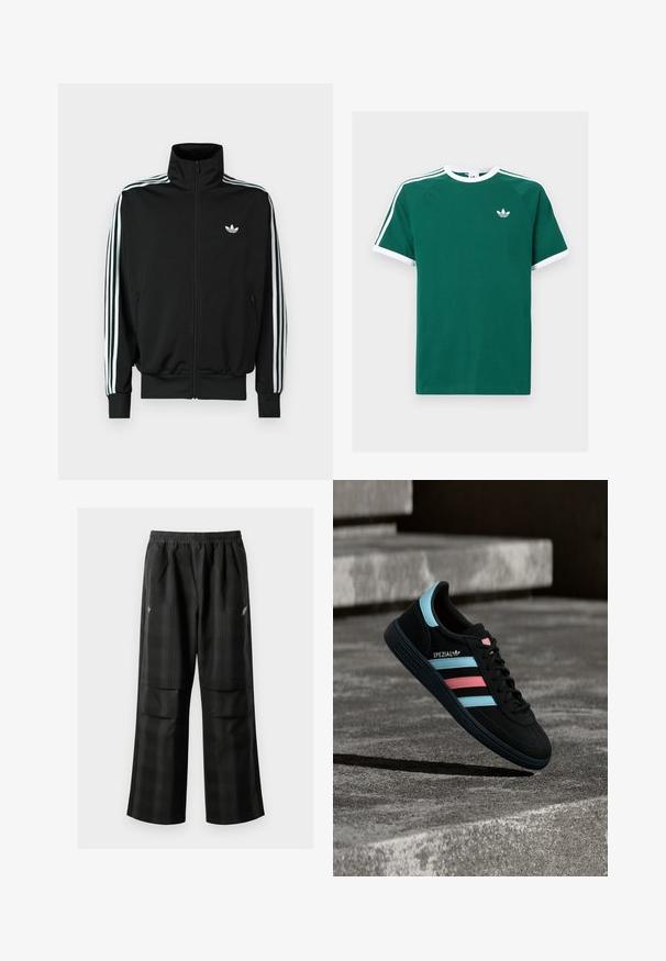 Zwarte jas met ritssluiting, hoge kraag, lange mouwen met drie witte strepen en een klein logo op de borst. Gladde stoftextuur.; Groen katoenen t-shirt met witte accenten, voorzien van korte mouwen, een ronde hals en drie witte strepen op elke schouder. Klein logo op de borst.; Zwarte geruite broek met een elastische tailleband, twee voorzakken en een losse pasvorm met een rechte pijpdesign. Gemaakt van lichtgewicht materiaal.; Zwarte Adidas Spezial sneaker met blauwe en roze strepen, zwevend boven een getextureerd grijs betonnen oppervlak met schaduw eronder.