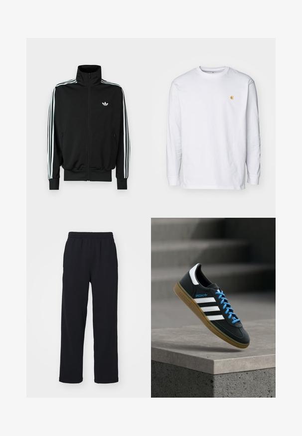 Zwarte jas met ritssluiting, hoge kraag, lange mouwen met drie witte strepen en een klein logo op de borst. Gladde stoftextuur.; Witte lange mouwen t-shirt van katoen. Voorzien van een klein gouden logo op de borst en een ronde hals. Eenvoudig ontwerp en standaard pasvorm.; Zwarte sweatpants met een elastische tailleband, rechte benen en gestikte details. Gemaakt van zachte, textuurstof.; Zwarte Adidas-sneaker met witte strepen, blauwe veters en een gumzool die boven een grijze betonnen trede zweeft in zacht licht.