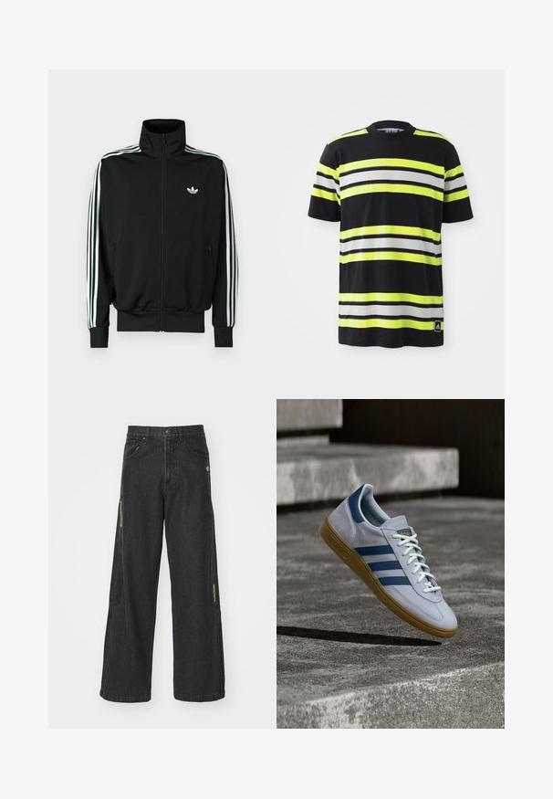 Schwarze Jacke mit Reißverschluss, hohem Kragen, langen Ärmeln mit drei weißen Streifen und einem kleinen Logo auf der Brust. Glatte Stoffstruktur.; Schwarzes T-Shirt mit horizontalen Streifen in Neon-Gelb, Weiß und Schwarz. Verfügt über einen Rundhalsausschnitt und ein Adidas-Logo unten links.; Schwarze, weite Jeanshose mit Knopfschluss, mehreren Taschen und grünen Akzenten an den Seiten mit sichtbaren Nähdetails.; Hellblauer Adidas Spezial Sneaker mit dunkelblauen Streifen und Gummisohle, in der Luft über Betontreppen in neutralem Außenbereich gezeigt.