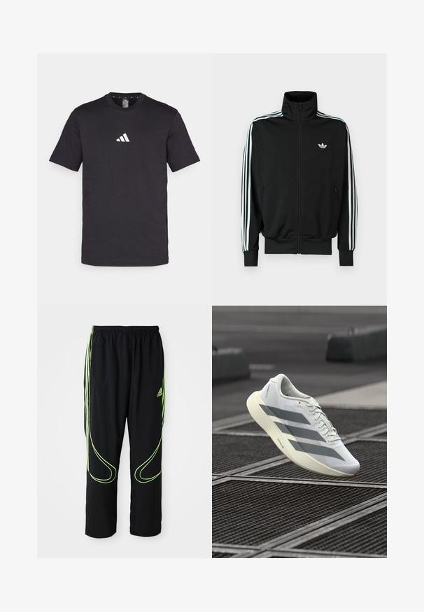 Zwarte jas met ritssluiting, hoge kraag, lange mouwen met drie witte strepen en een klein logo op de borst. Gladde stoftextuur.; Zwarte katoenen T-shirt met korte mouwen, voorzien van een wit Adidas-logo op de borst. Klassiek ontwerp met ronde hals.; Zwarte Adidas sportbroek met neon groene gebogen lijnen en drie strepen aan de zijkanten, elastische tailleband en het Adidas-logo op de voorkant van de bovenbenen.; Witte sportieve schoen met een bovenwerk van gestructureerd mesh, voorzien van grijze strepen en een dempende zool. Lichtgewicht ontwerp, geschikt om mee te hardlopen.