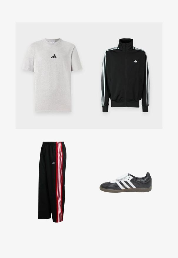 Čierna bunda na zips s vysokým golierom, dlhými rukávmi s tromi bielymi pruhmi a malým logom na hrudi. Hladká textúra látky.; Šedé bavlnené tričko s krátkymi rukávmi a okrúhlym výstrihom, s malým čiernym logom so tromi pruhmi na hornej ľaviej strane hrude.; Čierne sieťované nohavice s voľným strihom, červenými a bielymi pruhovanými bočnými panelmi a malým bielym logom na ľavej strane. Elastický pás.; adidas Originals SAMBA LT - Tenisky - core black footwear white gum