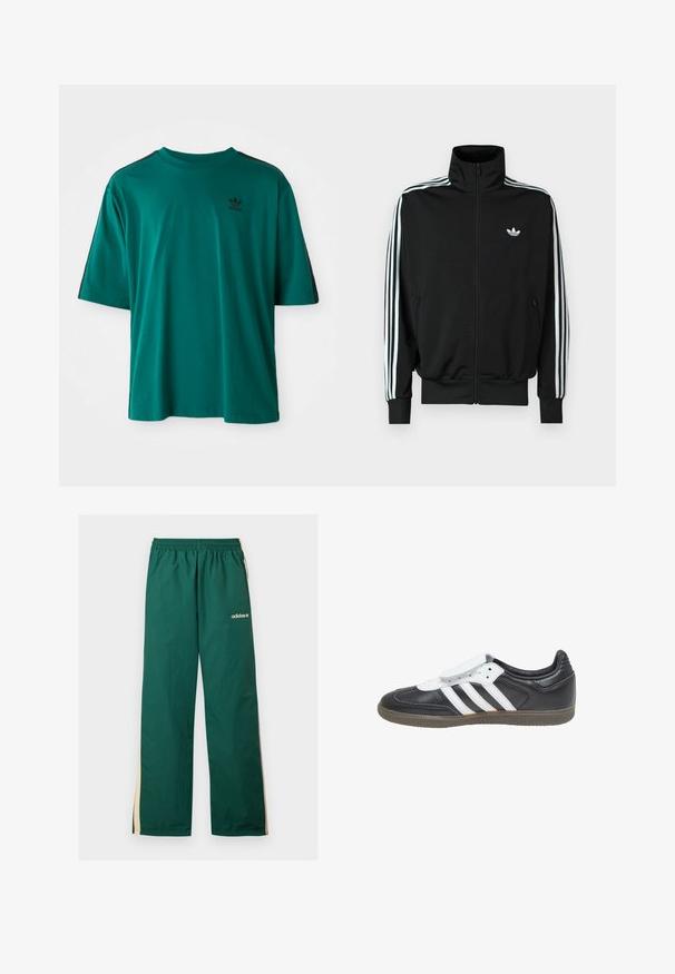 Čierna bunda na zips s vysokým golierom, dlhými rukávmi s tromi bielymi pruhmi a malým logom na hrudi. Hladká textúra látky.; Teal bavlnené tričko s krátkymi rukávmi, okrúhlym výstrihom a čiernymi bočnými pruhmi. Má malé čierne logo na hrudi.; Zelené Adidas tepláky s béžovými bočnými pásikmi, elastickým pásom a bielym logom Adidas na hornej ľavej nohe.; adidas Originals SAMBA LT - Tenisky - core black footwear white gum
