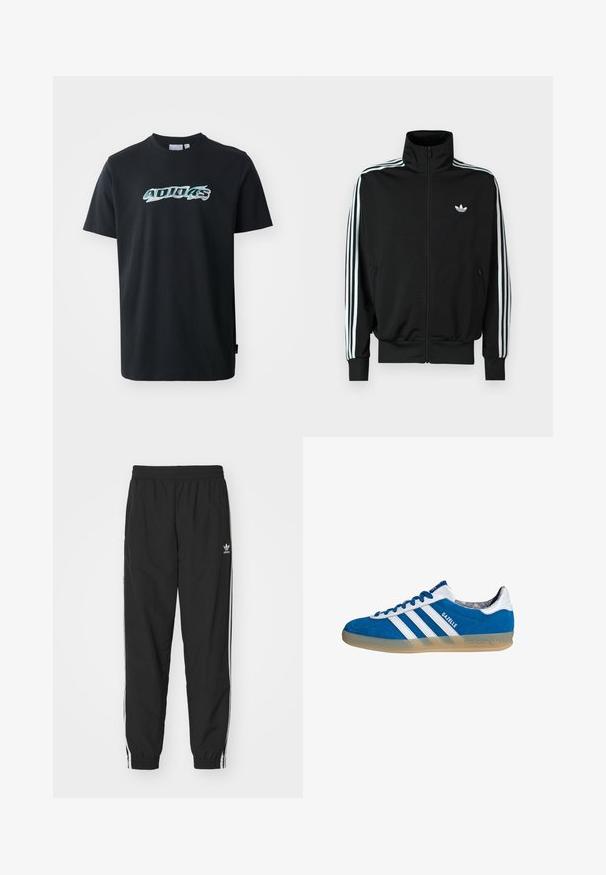 Chaqueta negra con cremallera, cuello alto, mangas largas con tres rayas blancas y un pequeño logo en el pecho. Textura de tela suave.; Camiseta de algodón negra con mangas cortas, que presenta un logo "ADIDAS" brillante y multicolor en la parte frontal. Diseño clásico de cuello redondo.; Pantalones de chándal negros con cintura y dobladillos elásticos, con franjas laterales blancas y un pequeño logo blanco de Adidas en la cadera izquierda.; Zapatilla Adidas Gazelle azul y blanca con suela de goma y tres franjas blancas, vista desde un lado sobre un fondo blanco.