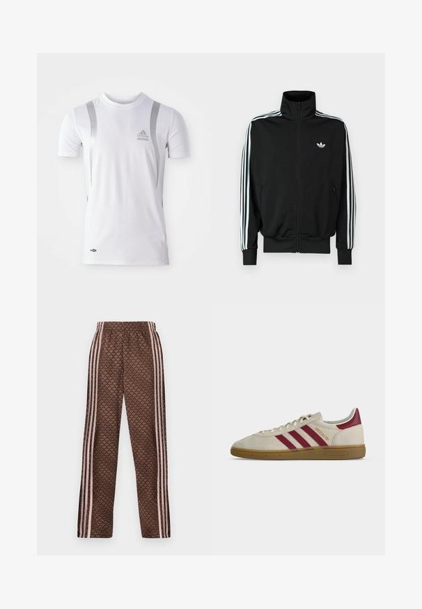 Chaqueta negra con cremallera, cuello alto, mangas largas con tres rayas blancas y un pequeño logo en el pecho. Textura de tela suave.; Camiseta atlética blanca de manga corta con detalles plateados, presenta un cuello redondo y un logo de Adidas en el pecho. Fabricada con tela que absorbe la humedad.; Pantalones de chándal marrones con rayas verticales en rosa claro en los laterales y patrón repetido de hojas por todo el tejido, cintura elástica y corte recto en las piernas.; Zapatilla beige Adidas Spezial con tres franjas burdeos, lengüeta trasera burdeos, suela de goma y texto dorado "Spezial" en el lateral.
