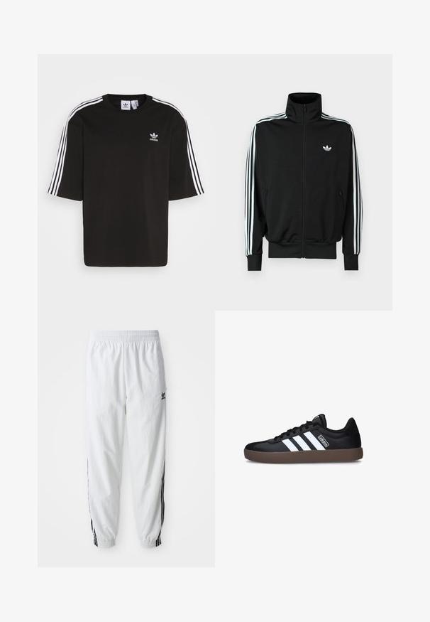 Zwarte jas met ritssluiting, hoge kraag, lange mouwen met drie witte strepen en een klein logo op de borst. Gladde stoftextuur.; Zwarte T-shirt met korte mouwen, gemaakt van katoen, met witte drie-strepen accenten op de schouders en een geborduurd Adidas-logo op de borst.; Witte sportbroek met zwarte zijstrepen, elastische tailleband en boorden; heeft het Adidas-logo op de linkerdij. Glad stoffen structuur.; Zwarte sport schoenen met witte strepen, een slank ontwerp, rubberen zool en een gestructureerde bovenkant. De branding aan de zijkant is minimaal en subtiel.