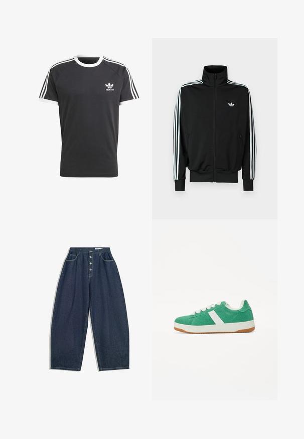 Zwarte jas met ritssluiting, hoge kraag, lange mouwen met drie witte strepen en een klein logo op de borst. Gladde stoftextuur.; Zwarte T-shirt met witte kraag en mouwtrims, voorzien van drie witte horizontale strepen op elke schouder en een klein wit Adidas-logo.; Donkerblauwe denim brede broek met een hoge taille, vijfknopen sluiting en vijf zakken. Heeft stiksels op de naden.; Groene textielsneakers met witte accenten, ronde neus, vetersluiting en een gumrubberen zool. Kenmerkt zich door gestikte details en een zachte textuur.