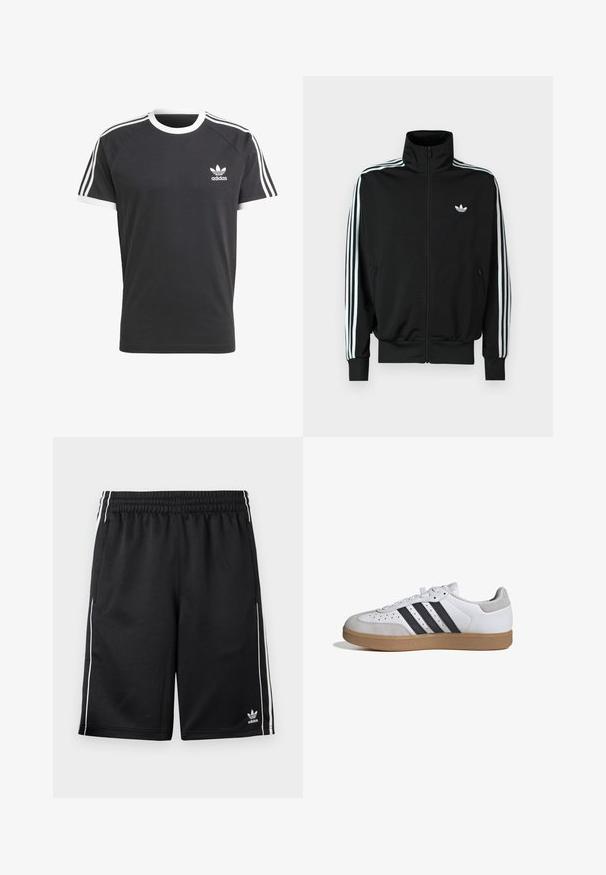 Chaqueta negra con cremallera, cuello alto, mangas largas con tres rayas blancas y un pequeño logo en el pecho. Textura de tela suave.; Camiseta negra con cuello y ribetes de las mangas en blanco, que presenta tres franjas horizontales blancas en cada hombro y un pequeño logo de Adidas en blanco.; Pantalones cortos deportivos negros de Adidas con franjas laterales blancas, cinturilla elástica, bolsillos laterales y logotipo de Adidas en la parte inferior de la pierna izquierda.; Zapatilla blanca con rayas negras, puntera y talón de ante gris, y suela de goma color natural, mostrada de perfil sobre fondo blanco.