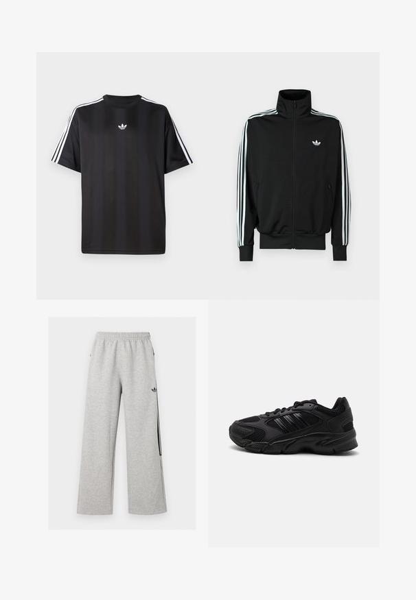 Sort lynlåstrøje med høj krave, lange ærmer med tre hvide striber og et lille logo på brystet. Glat stoftekstur.; Sort t-shirt med korte ærmer, hvide tre-stribede design på skuldrene og en lille hvid logo på brystet. Fremstillet af letvægtsstof.; Lysegrå vidtløftede joggingbukser med elastisk talje og sort Adidas trefoil-logo på højre lår.; Sorte træningssko med en kombination af åndbart mesh og syntetiske materialer. Distinct tekstureret sål og tre sorte striber på siden.