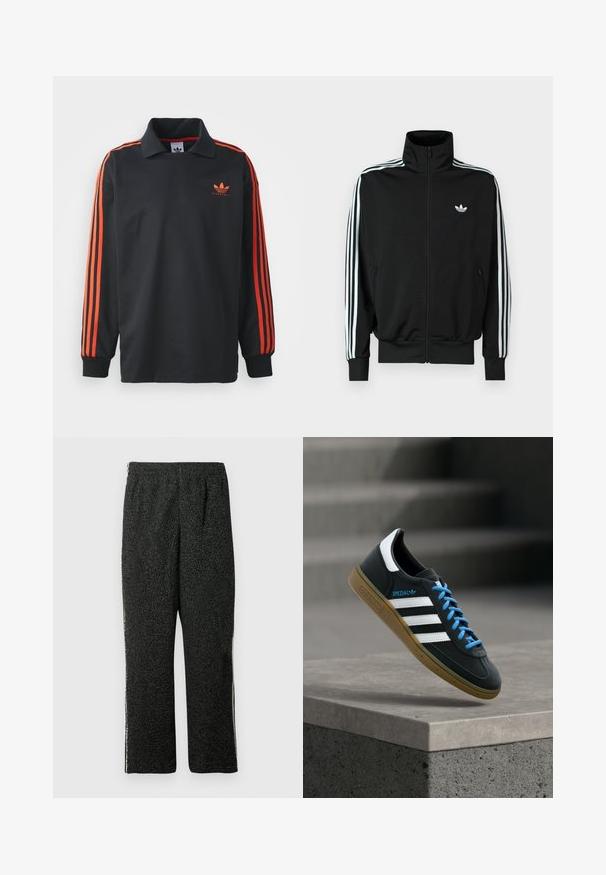 Čierna bunda na zips s vysokým golierom, dlhými rukávmi s tromi bielymi pruhmi a malým logom na hrudi. Hladká textúra látky.; Čierny polo s dlhým rukávom a golierom, s červenými pruhmi na rukávoch a malým červeným logom na hrudi. Hladká textúra látky.; Čierne nohavice z textúrovaného flísu s elastickým pásom a rovnými nohavicami, zobrazené na bielom pozadí.; Čierna teniska Adidas s bielymi pruhmi, modrými šnúrkami a gumovou podrážkou, ktorá sa vznáša nad sivým betónovým schodom v mäkkom svetle.