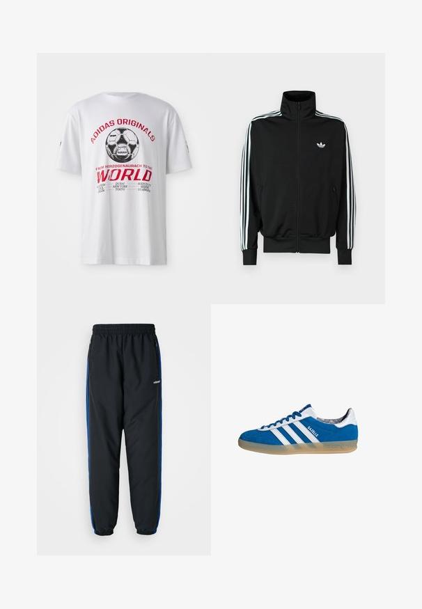 Zwarte jas met ritssluiting, hoge kraag, lange mouwen met drie witte strepen en een klein logo op de borst. Gladde stoftextuur.; Witte katoenen t-shirt met een gedrukt zwart en rood grafisch ontwerp van een voetbal en stadnamen. Korte mouwen, ronde halsontwerp.; Zwarte sportbroeken met een elastische tailleband, blauwe zijstrepen, ritszakken en taps toelopende manchetten voor een strakke pasvorm. Gemaakt van lichtgewicht materiaal.; Blauw-witte Adidas Gazelle sneaker met een gumzool en drie witte strepen, gezien vanaf de zijkant op een witte achtergrond.