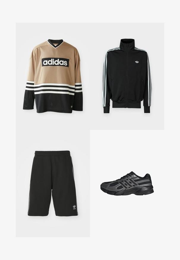 Chaqueta negra con cremallera, cuello alto, mangas largas con tres rayas blancas y un pequeño logo en el pecho. Textura de tela suave.; Jersey deportivo de manga larga Adidas en color beige y negro con rayas blancas, fabricado en tejido de malla, y con el logo de Adidas en el pecho y el dobladillo inferior.; Pantalones cortos negros hechos de una mezcla de algodón con una cinturilla elástica, que presentan rayas blancas en los laterales y un pequeño logotipo en la parte inferior izquierda.; Zapatillas deportivas negras hechas de malla y materiales sintéticos, que presentan una superficie texturizada, múltiples rayas grises y un collar acolchado.