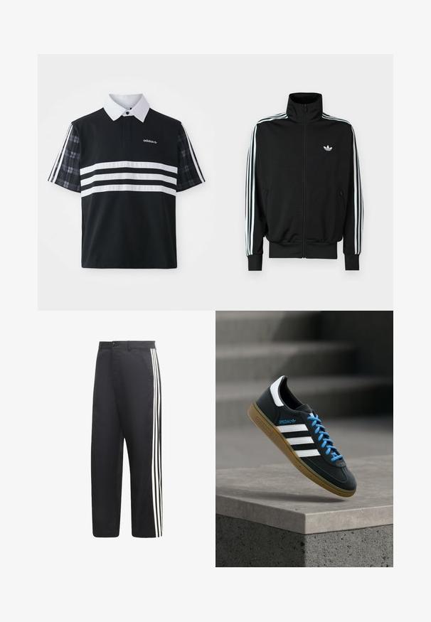 Zwarte jas met ritssluiting, hoge kraag, lange mouwen met drie witte strepen en een klein logo op de borst. Gladde stoftextuur.; Zwarte polo met witte strepen en logo; heeft korte geruite mouwen en een witte kraag met een knoopsluiting.; Zwarte broek met rechte pijpen en drie witte verticale strepen langs de buitenkant van elk been.; Zwarte Adidas-sneaker met witte strepen, blauwe veters en een gumzool die boven een grijze betonnen trede zweeft in zacht licht.