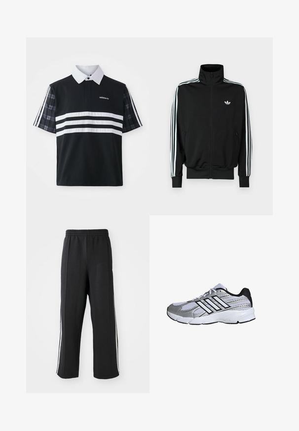Čierna bunda na zips s vysokým golierom, dlhými rukávmi s tromi bielymi pruhmi a malým logom na hrudi. Hladká textúra látky.; Čierna polo košeľa s bielymi prúžkami a logom; má krátke kárované rukávy a biely golier s gombíkovou légou.; Čierne teplákové nohavice s elastickým pásom, s bielymi bočnými pruhmi a voľným strihom. Vyrobené z mäkkej, elastickej tkaniny.; Mriežkovaná športová obuv v bielej a striebornej farbe, s čiernymi detailmi, logom troch bielych pruhov, polstrovaným golierom a textúrovanou gumovou podrážkou.