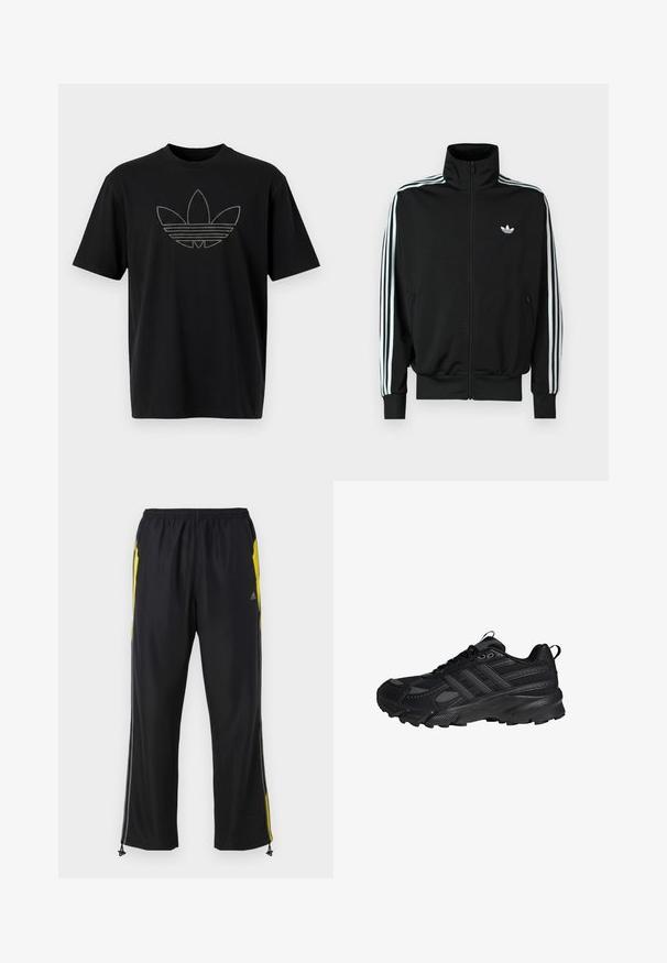 Sort lynlåstrøje med høj krave, lange ærmer med tre hvide striber og et lille logo på brystet. Glat stoftekstur.; Sort bomuld T-shirt med et stort, omridset Adidas-logo i reflekterende materiale med vandrette linjer på forsiden. Korte ærmer.; Sorte træningsbukser med gule sideaccenter, elastisk talje og lynlåslommer på siden. Fremstillet af let og glat stof.; Sort atletiksko med snørelukning foran, struktureret sål og polstret krave, set fra siden på en hvid baggrund.