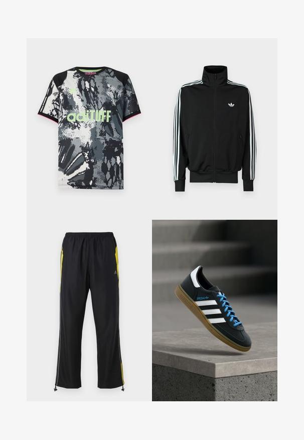 Schwarze Jacke mit Reißverschluss, hohem Kragen, langen Ärmeln mit drei weißen Streifen und einem kleinen Logo auf der Brust. Glatte Stoffstruktur.; Kurzärmliges Sportshirt mit Rundhalsausschnitt in einem schwarzen, weißen und grauen abstrakten Muster; ausgestattet mit einem neonpinken "adiTUFF"-Logo und pinken Akzenten.; Schwarze Sporthosen mit gelben Seitenakzenten, elastischem Bund und mit Reißverschlüssen versehenen Seitentaschen. Hergestellt aus leichtem, glattem Stoff.; Schwarzer Adidas-Sneaker mit weißen Streifen, blauen Schnürsenkeln und Gummisohle, der über einer grauen Betontreppe im weichen Licht schwebt.