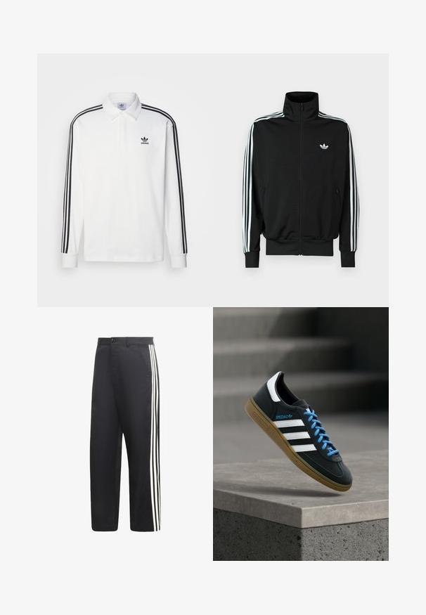 Sort lynlåstrøje med høj krave, lange ærmer med tre hvide striber og et lille logo på brystet. Glat stoftekstur.; Hvid langærmet polo shirt med klassisk krave, sorte tre-stribede accenter ned langs ærmerne og et lille sort logo på brystet.; Sorte bukser med lige ben og tre hvide lodrette striber ned langs ydersiden af hvert ben.; Sort Adidas sneaker med hvide striber, blå snørebånd og gummisål, der svæver over gråt betontrin i blødt lys.