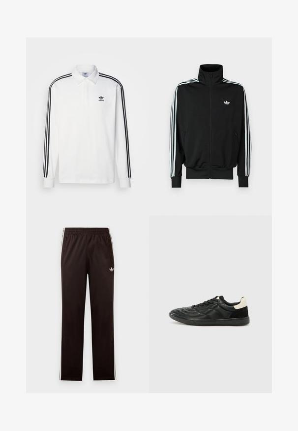 Čierna bunda na zips s vysokým golierom, dlhými rukávmi s tromi bielymi pruhmi a malým logom na hrudi. Hladká textúra látky.; Biela polo košeľa s dlhým rukávom so klasickým golierom, čiernymi trojpruhovými akcentmi pozdĺž rukávov a malým čiernym logom na hrudi.; Čierne tepláky Adidas so elastickým pásom, bielymi bočnými pruhmi, vreckami na zips a malým logom trefoil na ľavom stehne.; ALDO THEPITCH - Tenisky - black